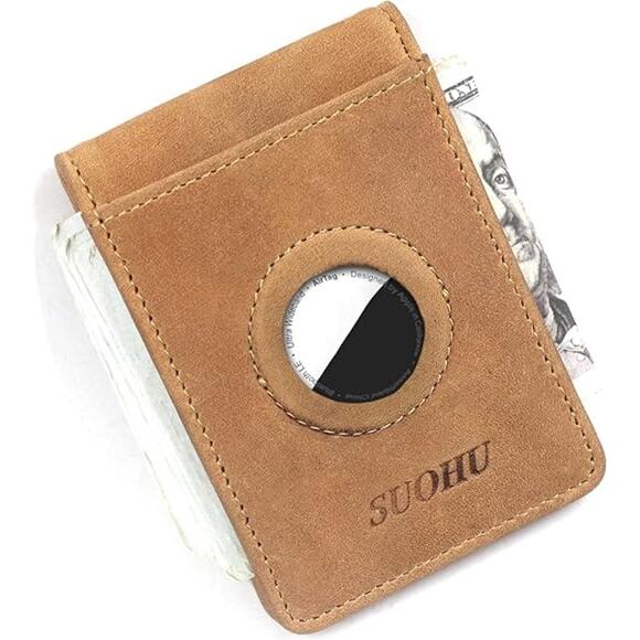 Tan Leather Slim Wallet with AirTag Holder – Minimalist RFID Blocking Card Case - Picture 1 of 5